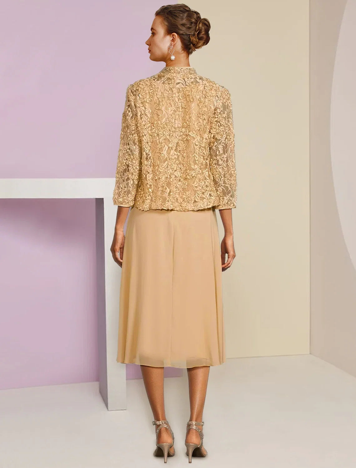 A-Line Chiffon Three-Quarter Sleeve Pleated Tea-Length Wedding Dress - Chloe Dress