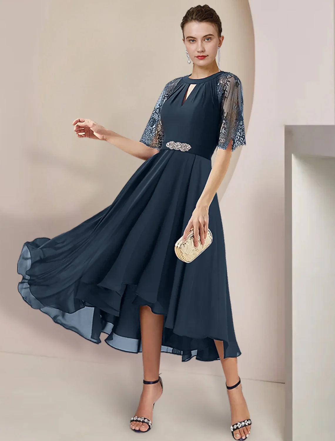 A-Line High Neck Chiffon Three-Quarter Sleeve Pleated Tea-Length Wedding Dress - Chloe Dress