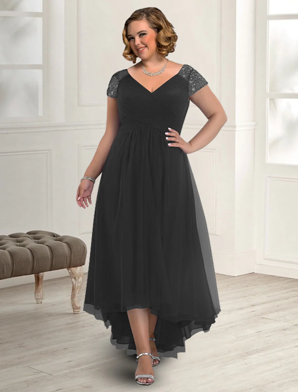 A-Line V-Neck Chiffon Short Sleeve Pleated Floor-Length Dress - Chloe Dress