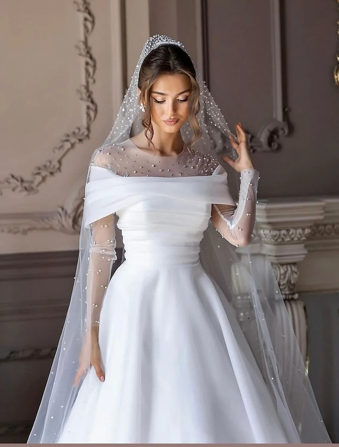 A-Line V-Neck Chiffon Long Sleeve Pleated Wedding Gown - Chloe Dress