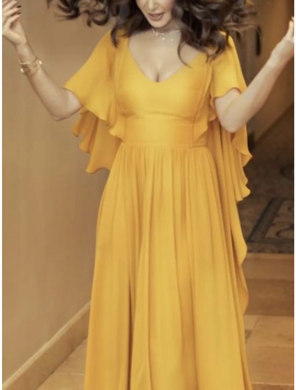 Sheath V-Neck Chiffon Short Sleeve Ruffled Floor-Length Wedding Dress - Chloe Dress