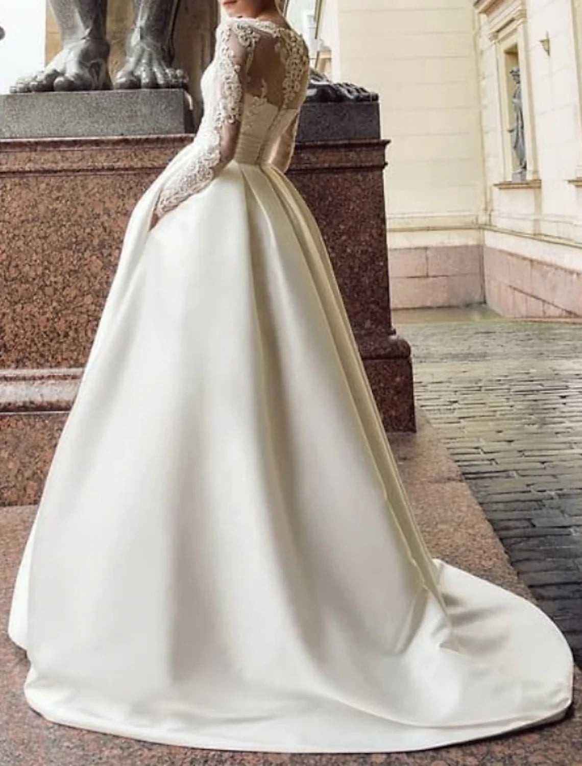 Ball Gown Illusion Satin Long Sleeve Train Wedding Gown - Chloe Dress
