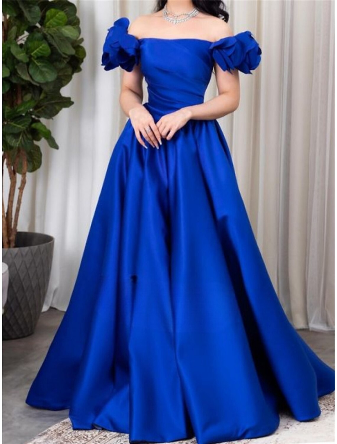 A-Line Off-Shoulder Satin Short Sleeve Pleated Mini Evening Gown - Chloe Dress