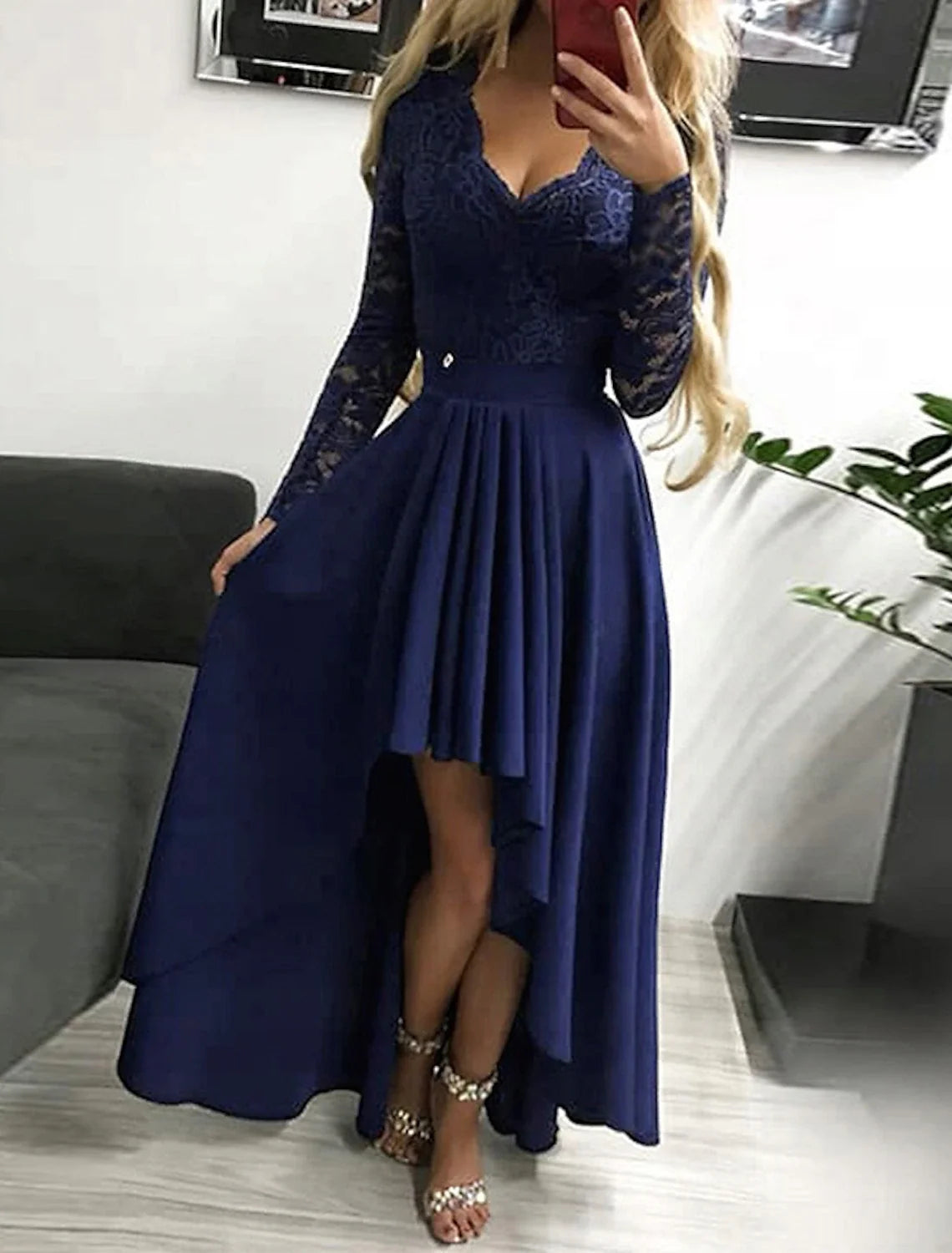 A-Line V-Neck Polyester Long Sleeve Asymmetric Prom Dress - Chloe Dress