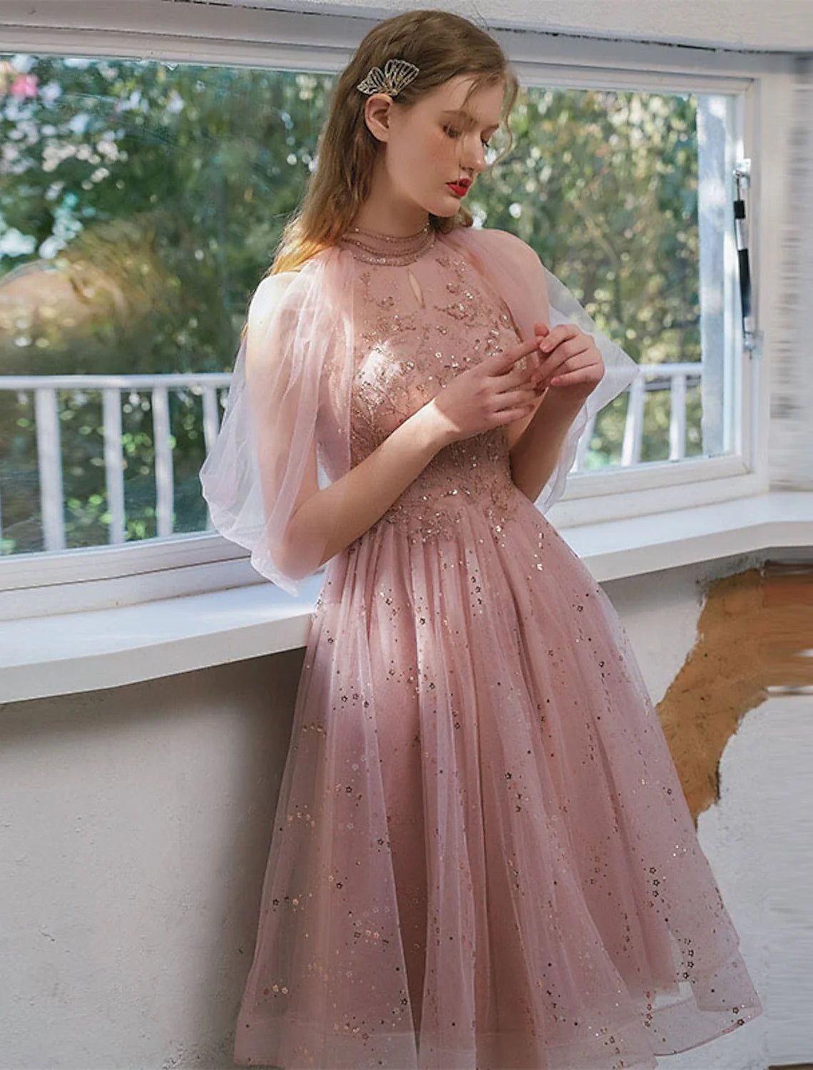 A-Line Tulle Three-Quarter Sleeve Applique Knee-Length Cocktail Dress - Chloe Dress