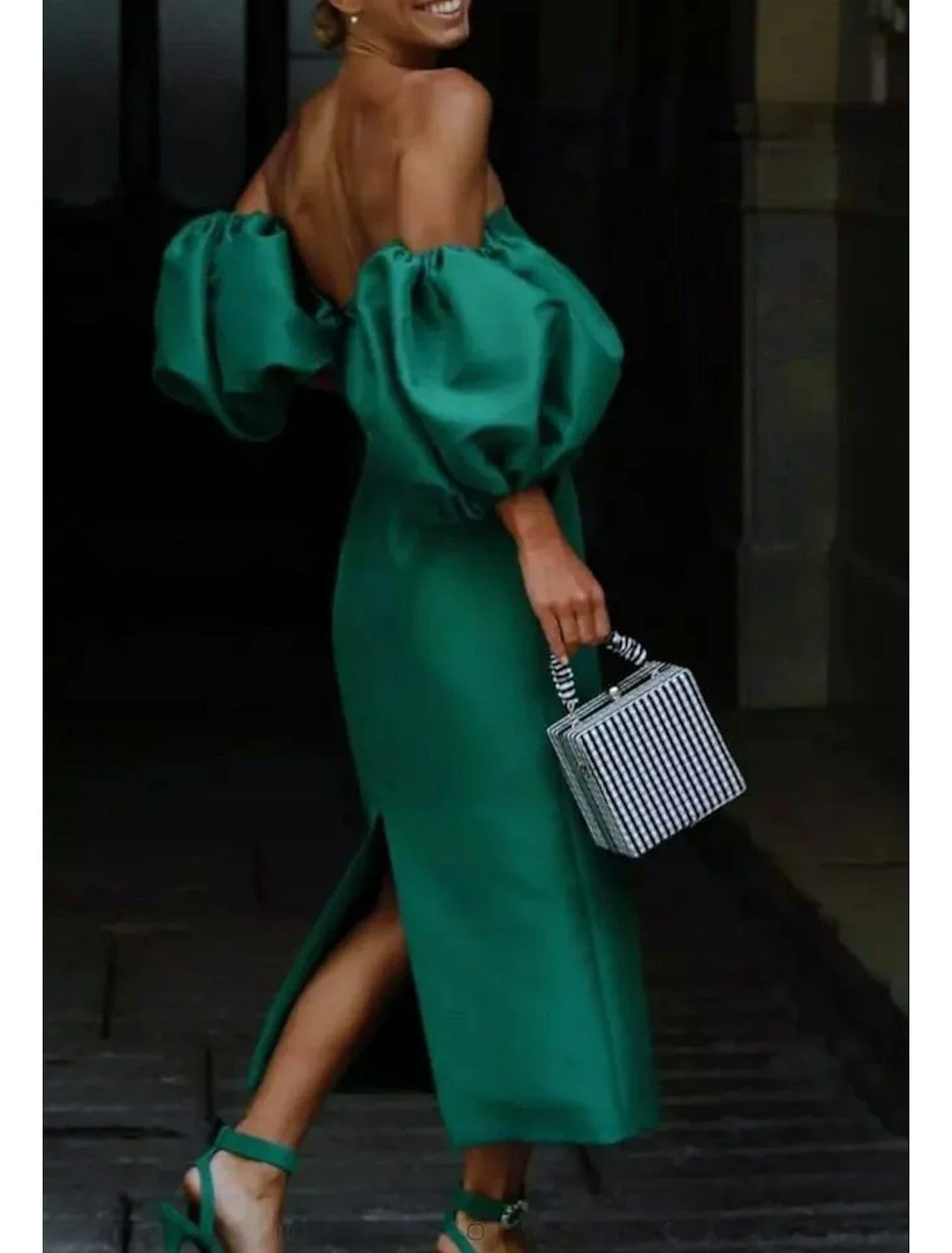 Sheath Square Neck Satin Short Sleeve Backless High Slit Mini Prom Dress - Chloe Dress