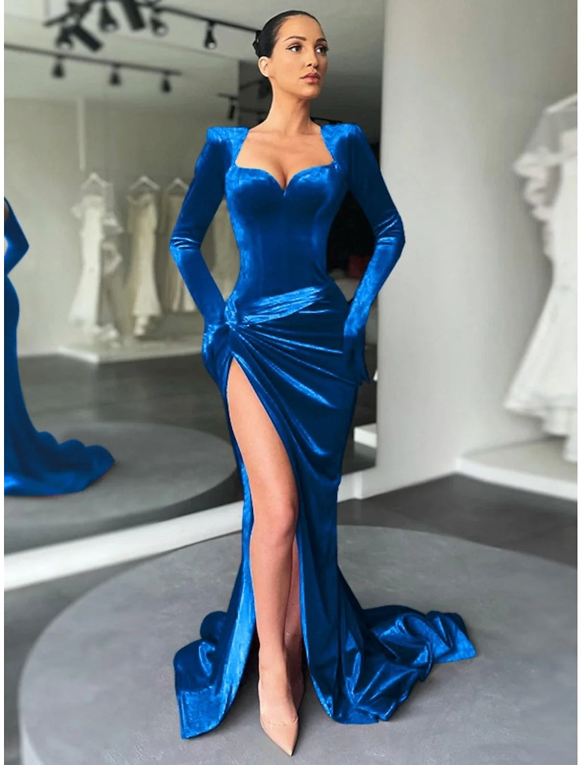 A-Line Sweetheart Velvet Long Sleeve High Slit Evening Gown - Chloe Dress