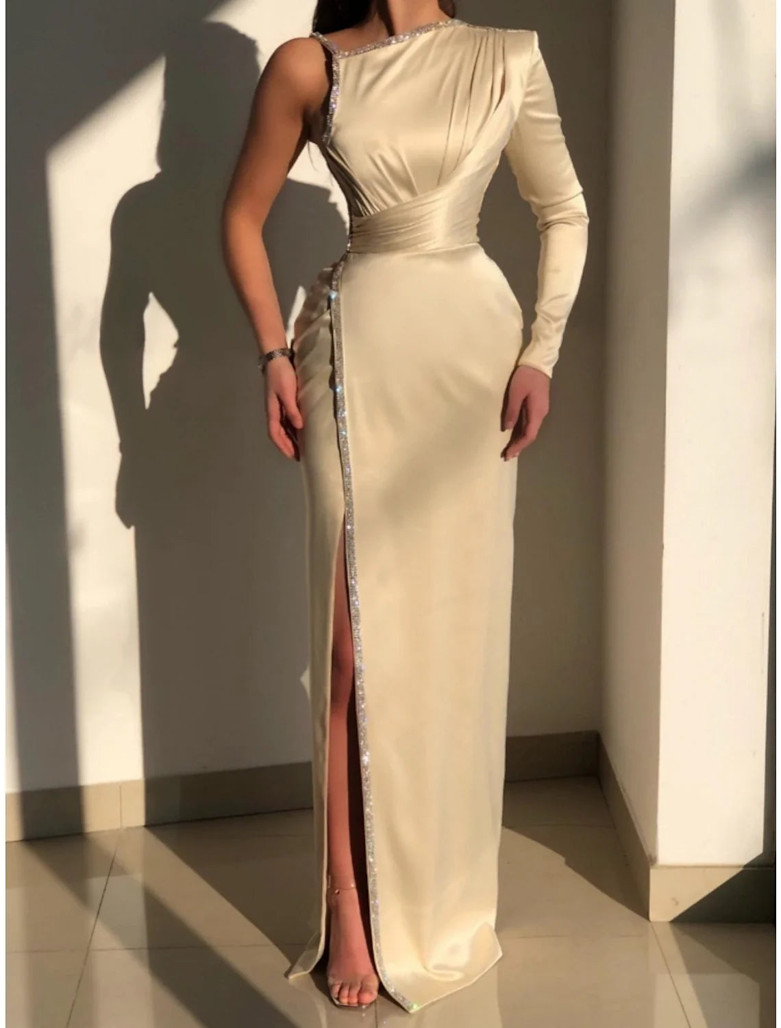 A-Line Satin Long Sleeve High Slit Evening Gown - Chloe Dress
