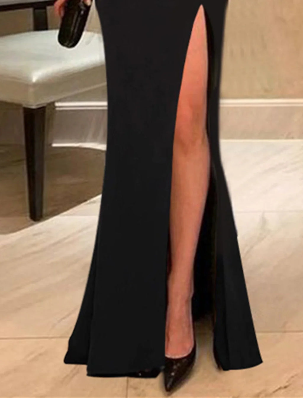 Black Mermaid One-Shoulder Long Sleeve High Slit Floor-Length Evening Gown - Chloe Dress
