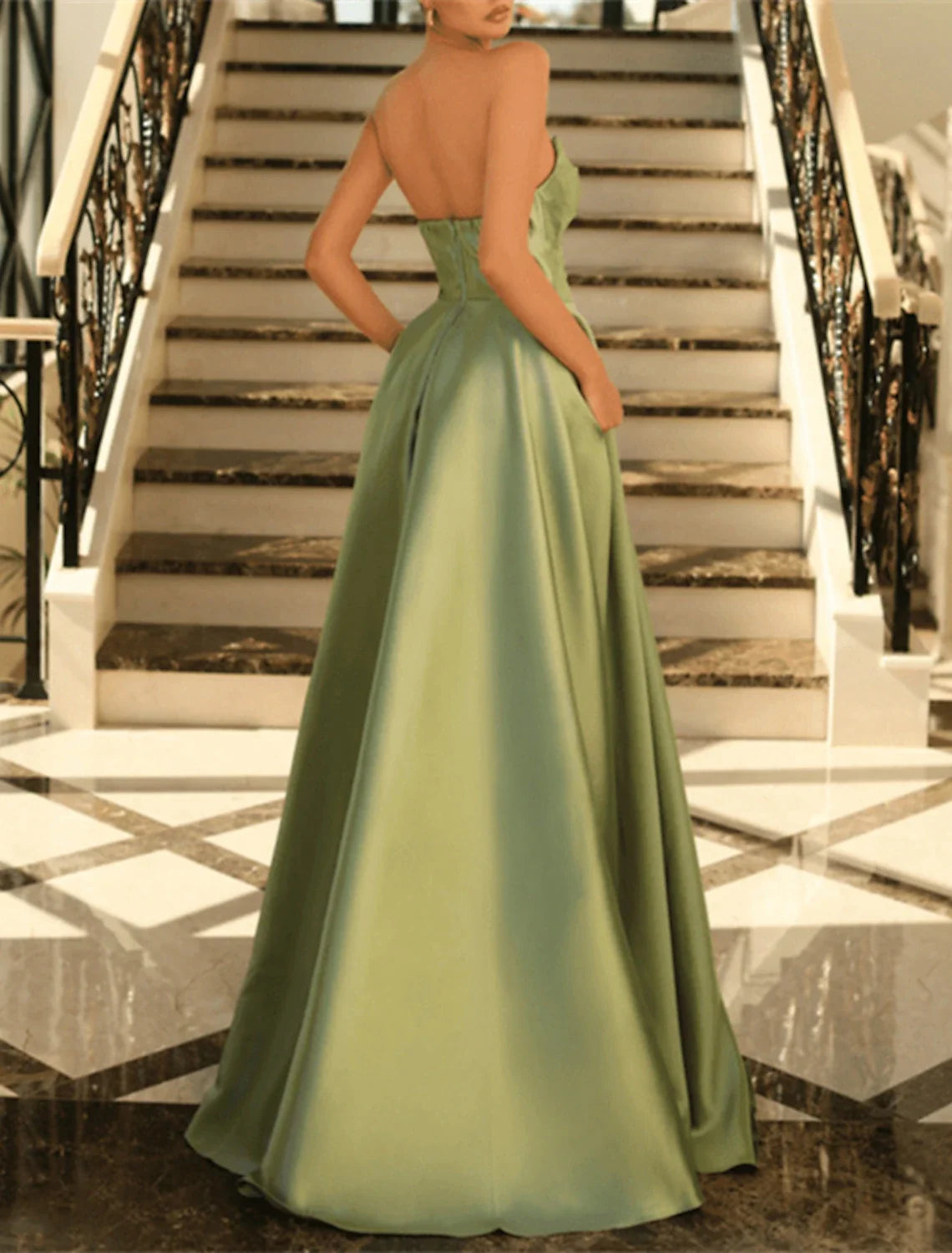 Black A-Line Strapless Satin Sleeveless High Slit Floor-Length Evening Gown - Chloe Dress