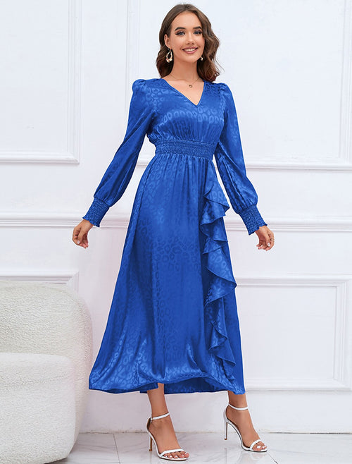 A-Line V-Neck Satin Long Sleeve Ruffled Ankle-Length Party Dress - Chloe Dress