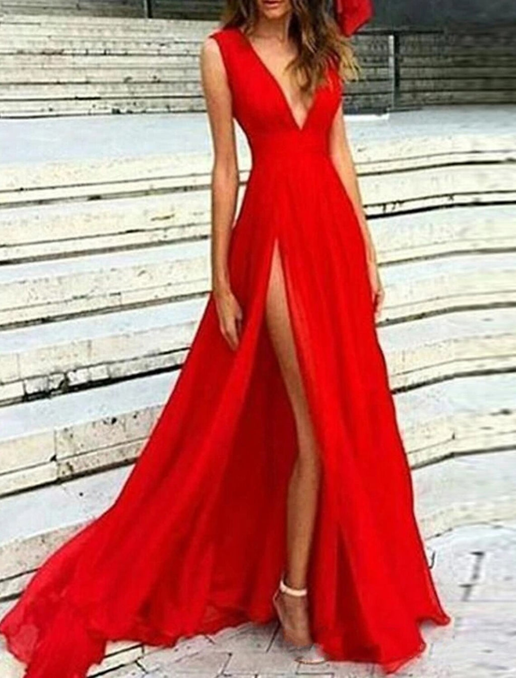 A-Line V-Neck Chiffon Sleeveless High Slit Floor-Length Evening Gown - Chloe Dress