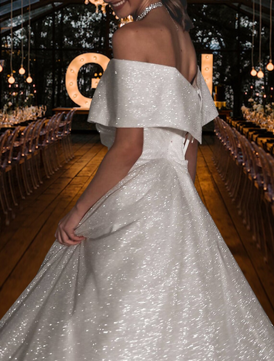 A-Line Off-Shoulder Sequin Cap Sleeve Train Wedding Gown - Chloe Dress