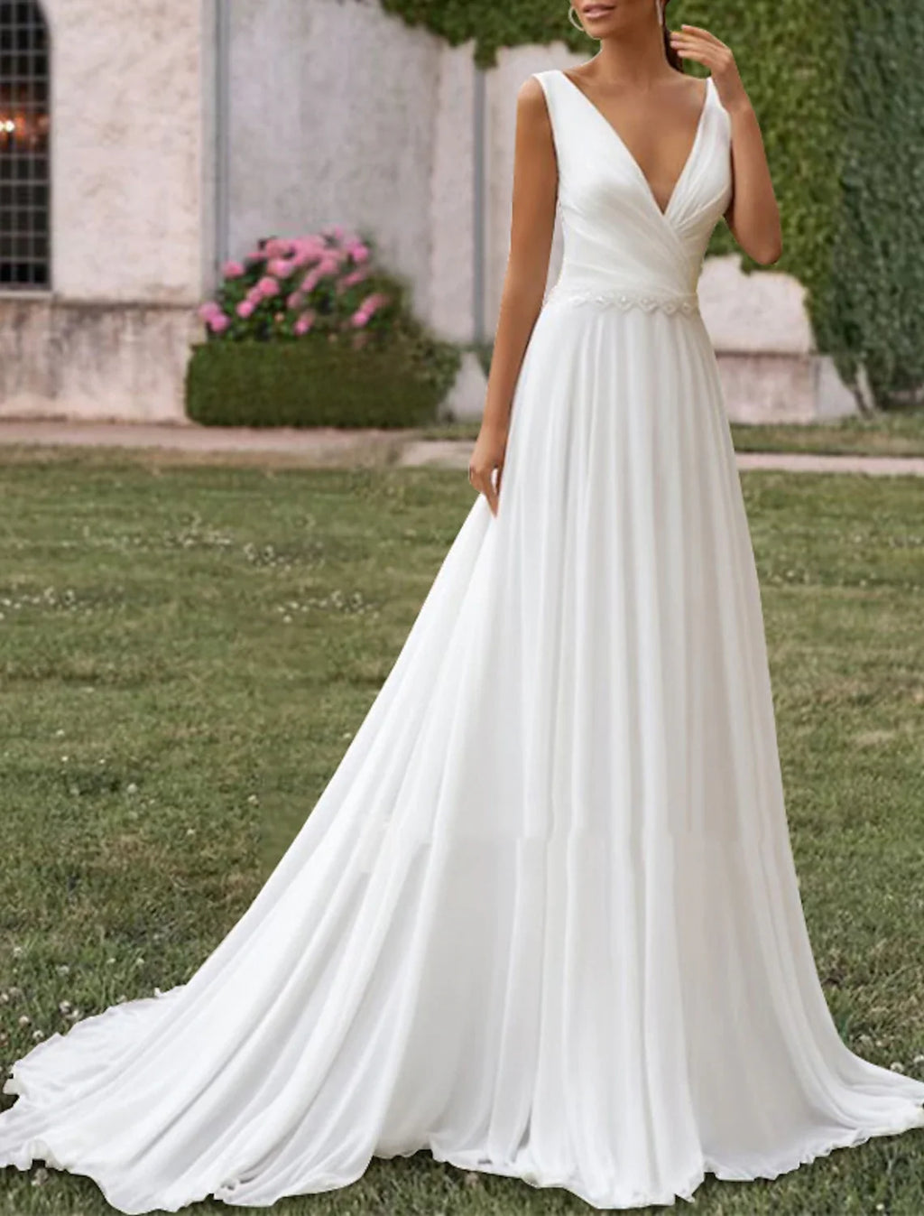 A-Line V-Neck Chiffon Sleeveless Pleated Wedding Gown - Chloe Dress