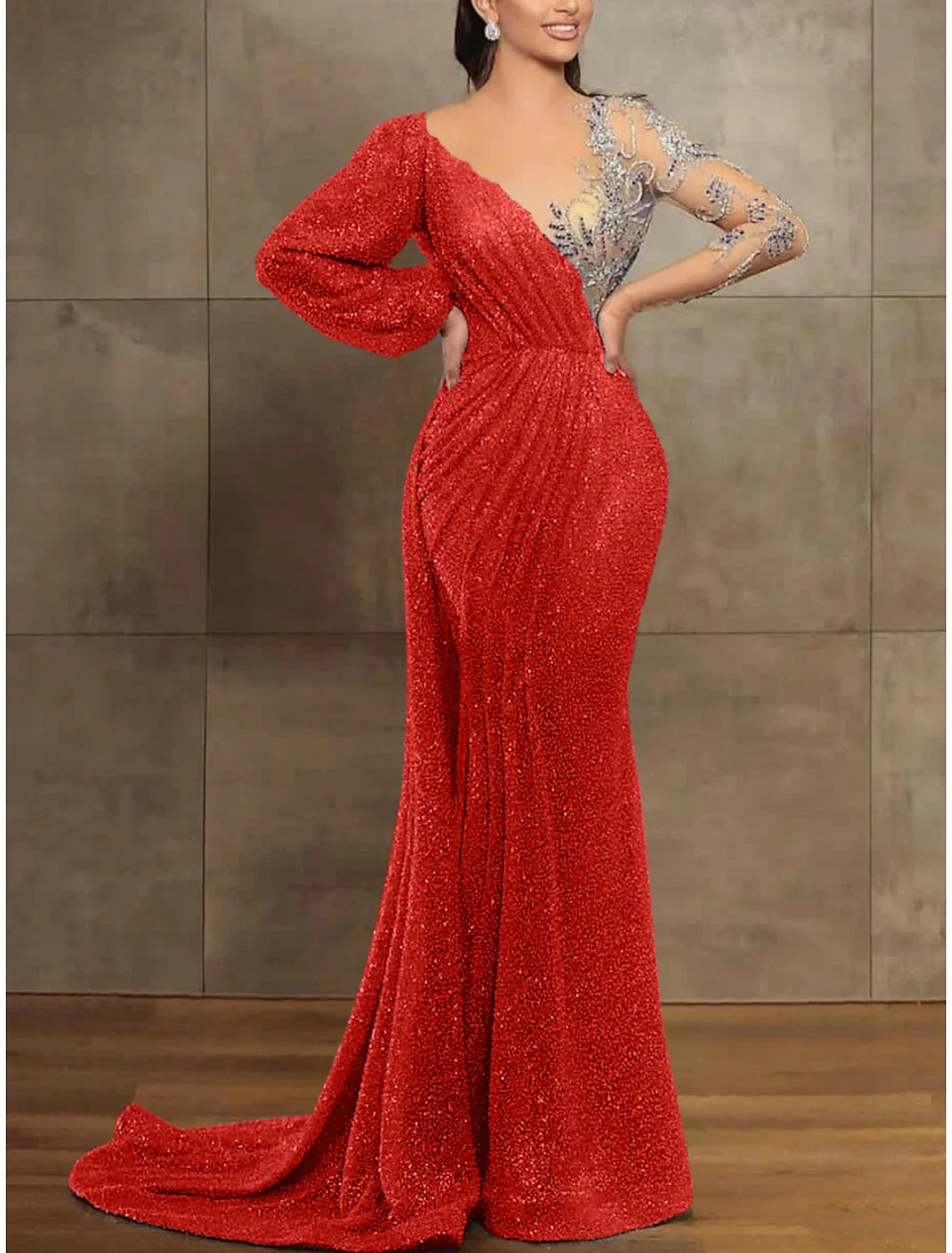 Champagne Mermaid Illusion Sequin Long Sleeve Pleated Evening Gown - Chloe Dress