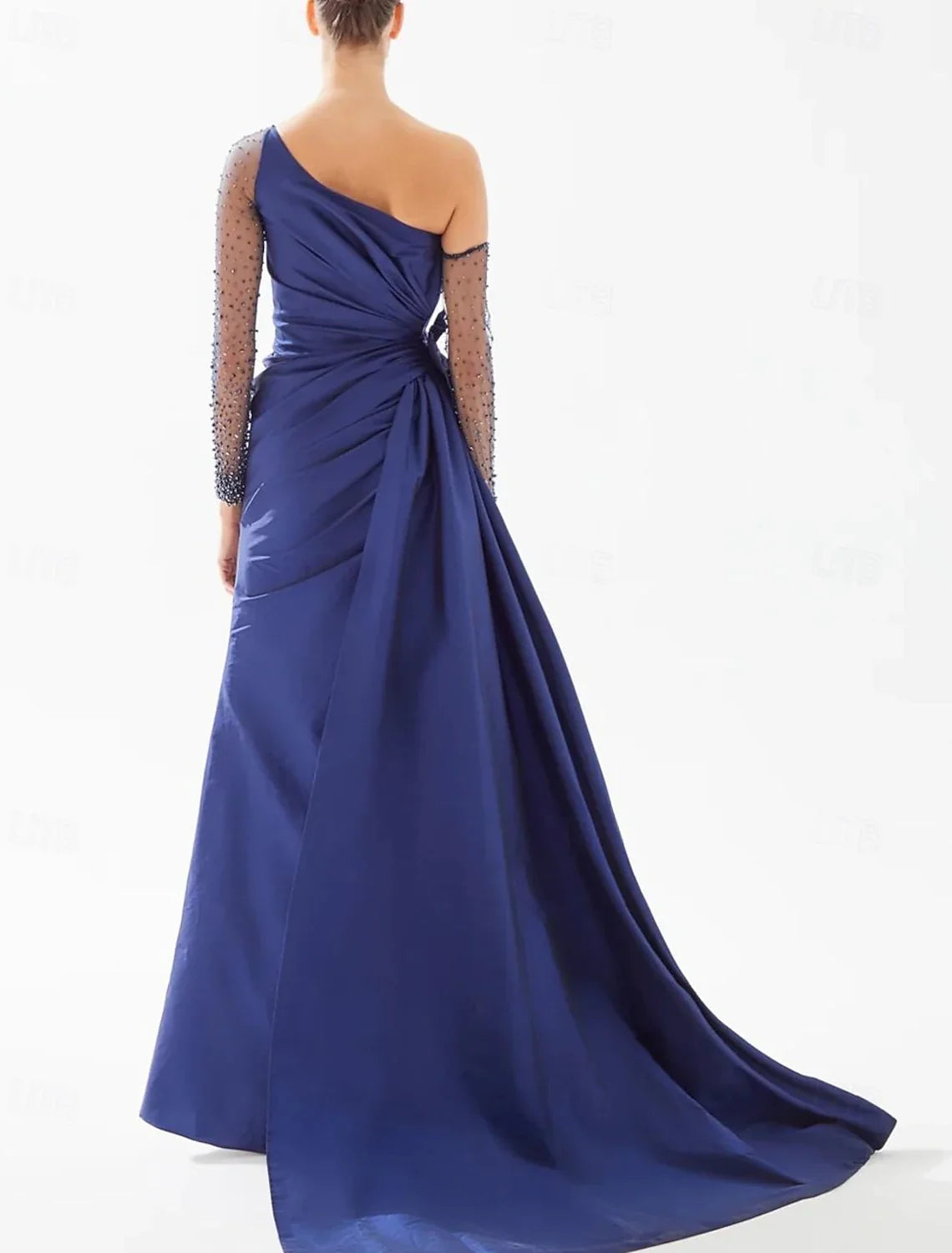Black A-Line One-Shoulder Satin Long Sleeve Floor-Length Evening Gown - Chloe Dress