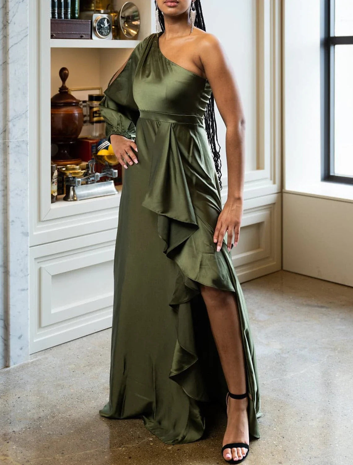 A-Line One-Shoulder Satin Long Sleeve Ruffled Evening Gown - Chloe Dress