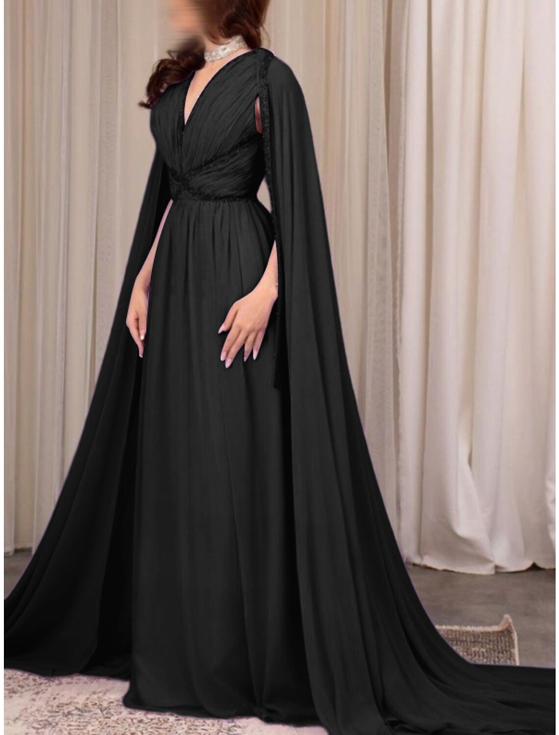 A-Line V-Neck Chiffon Long Sleeve Pleated Evening Gown - Chloe Dress