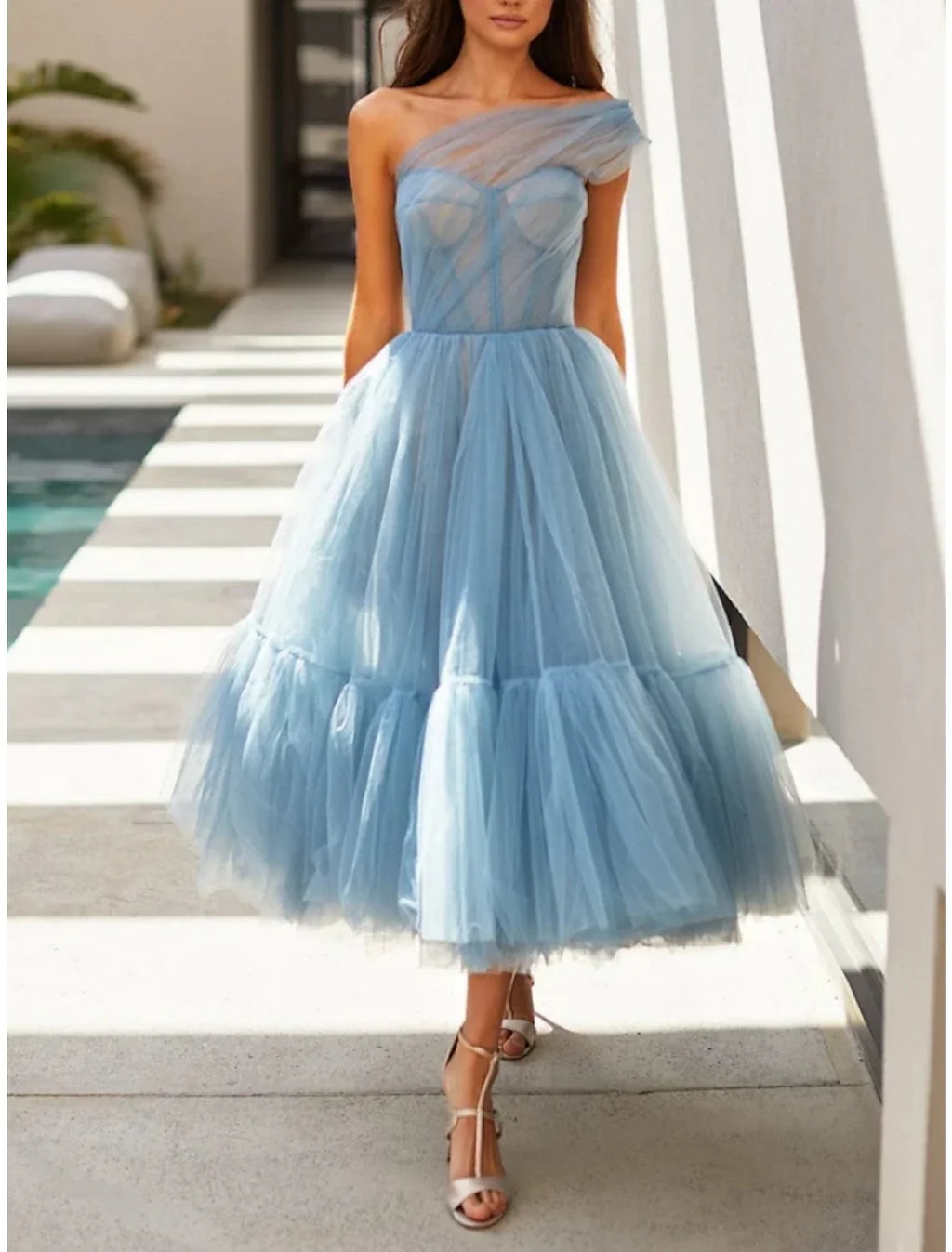 A-Line One-Shoulder Tulle Sleeveless Pleated Tea-Length Prom Dress - Chloe Dress