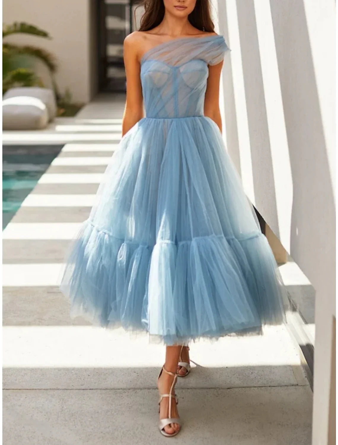 A-Line One-Shoulder Tulle Sleeveless Pleated Tea-Length Prom Dress - Chloe Dress