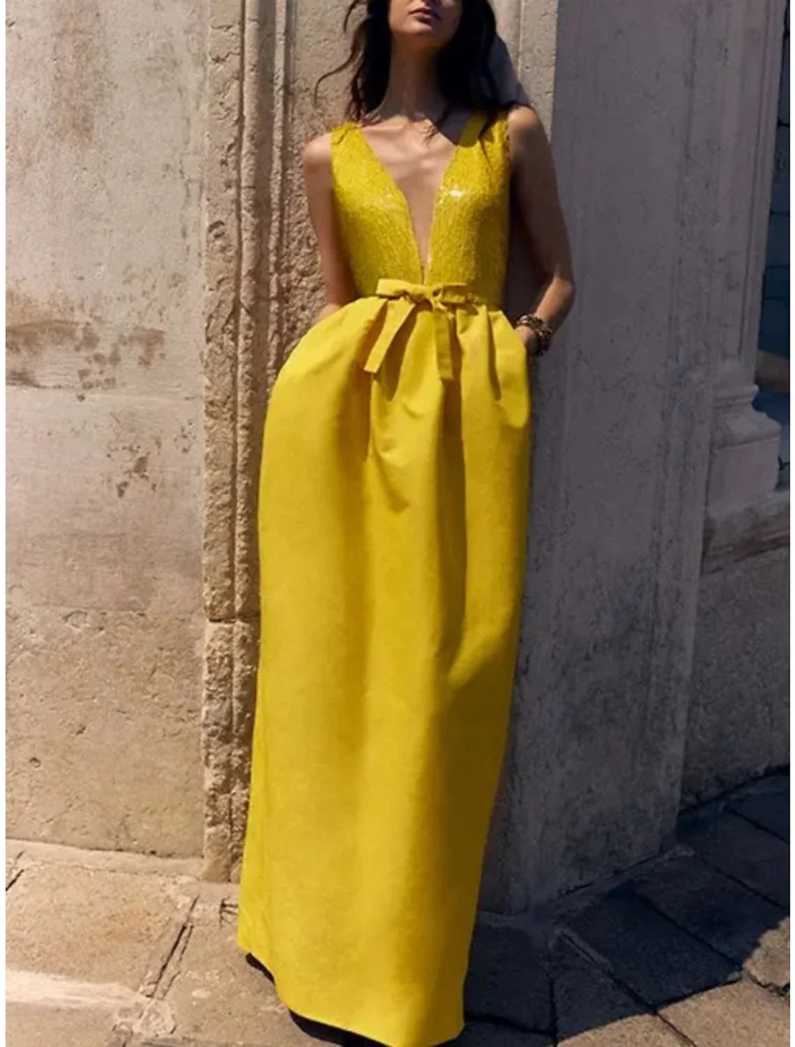 A-Line V-Neck Sequin Sleeveless Pleated Floor-Length Evening Gown - Chloe Dress