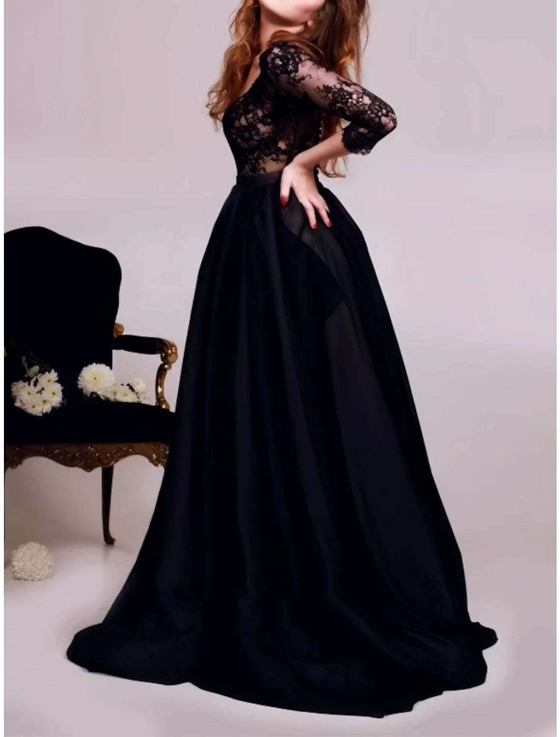 A-Line V-Neck Satin Three-Quarter Sleeve Pleated Floor-Length Evening Gown - Chloe Dress