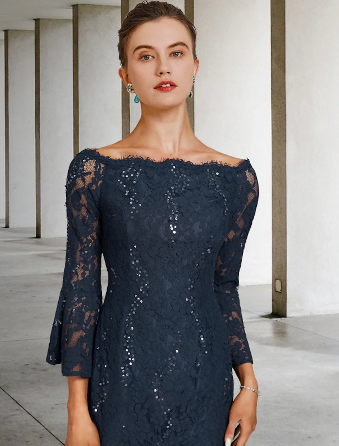 Sheath Lace Three-Quarter Sleeve Tea-Length Wedding Dress - Chloe Dress