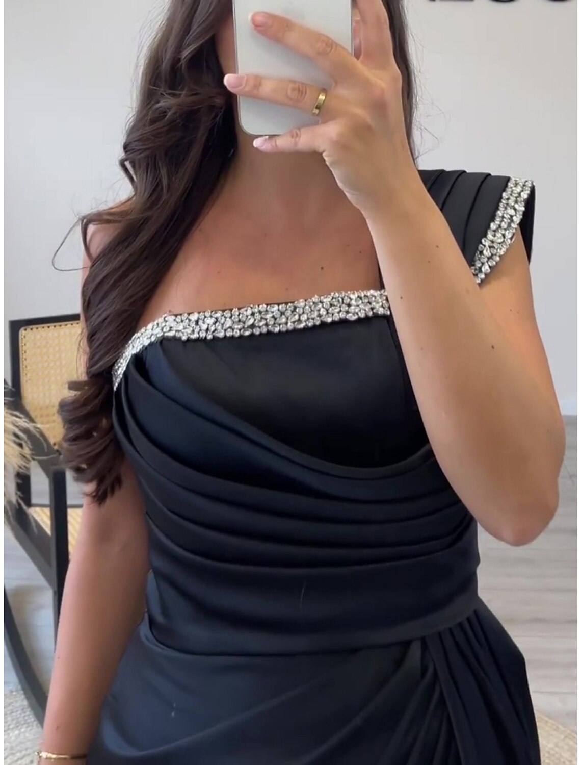 Black Sheath One-Shoulder Satin Sleeveless Pleated Evening Gown - Chloe Dress