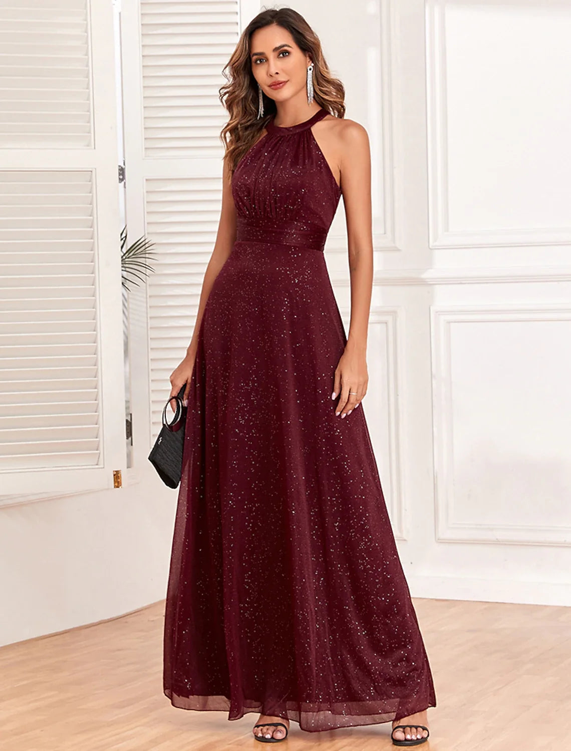 A-Line Halter Polyester Sleeveless Backless Floor-Length Evening Gown - Chloe Dress