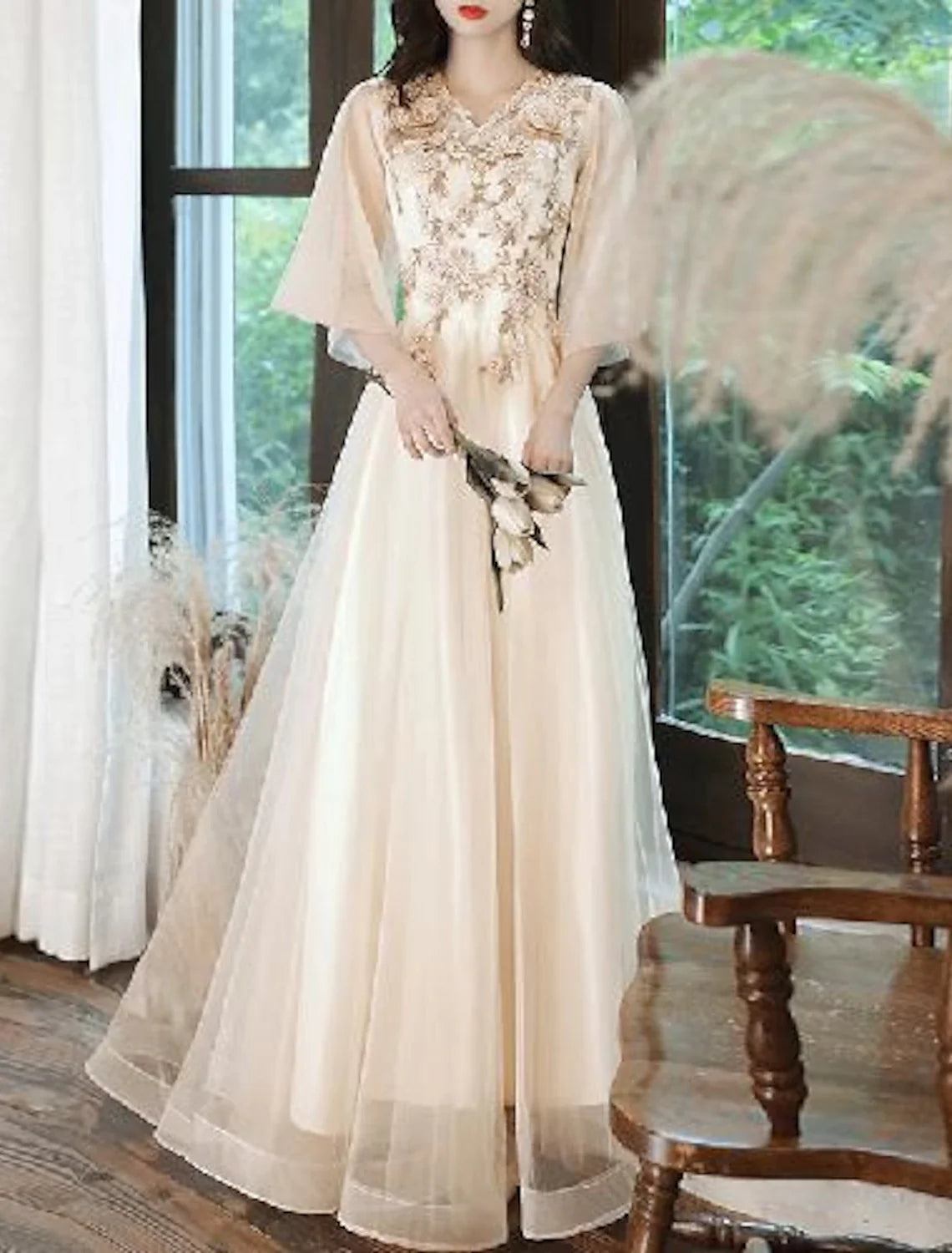 A-Line V-Neck Tulle Applique Floor-Length Prom Dress - Chloe Dress