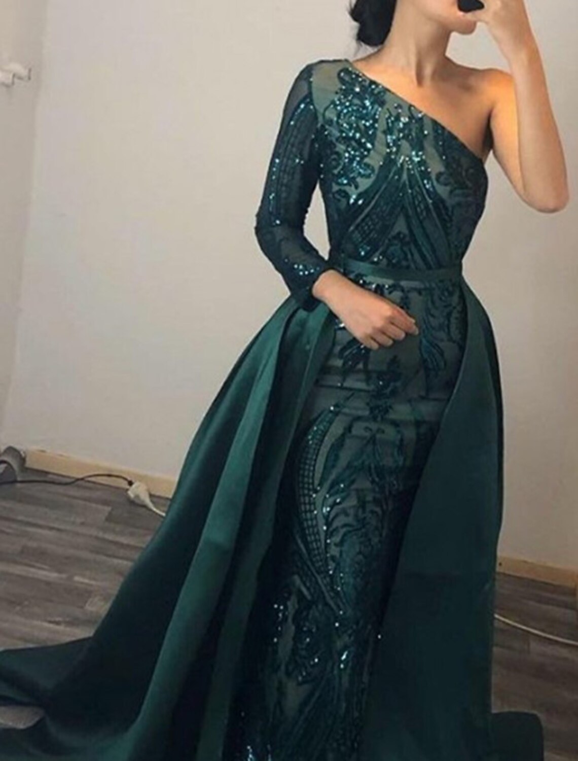 Mermaid One-Shoulder Satin Long Sleeve Train Evening Gown - Chloe Dress