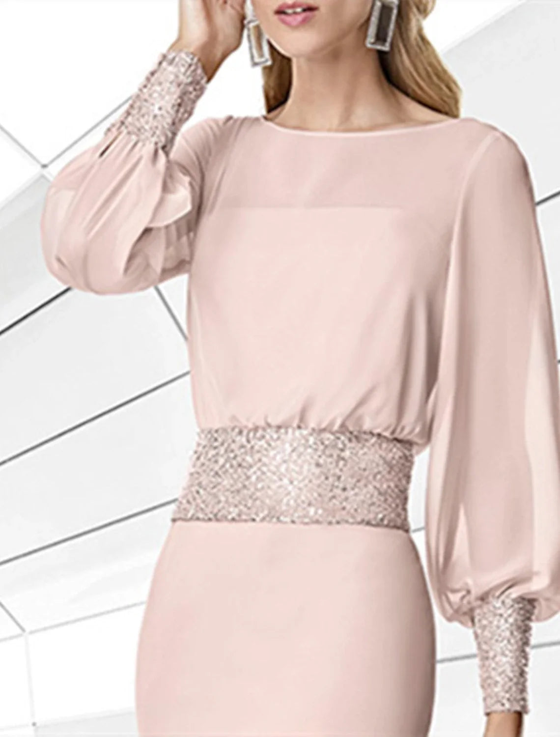 Sheath Chiffon Long Sleeve Rhinestone Knee-Length Wedding Dress - Chloe Dress