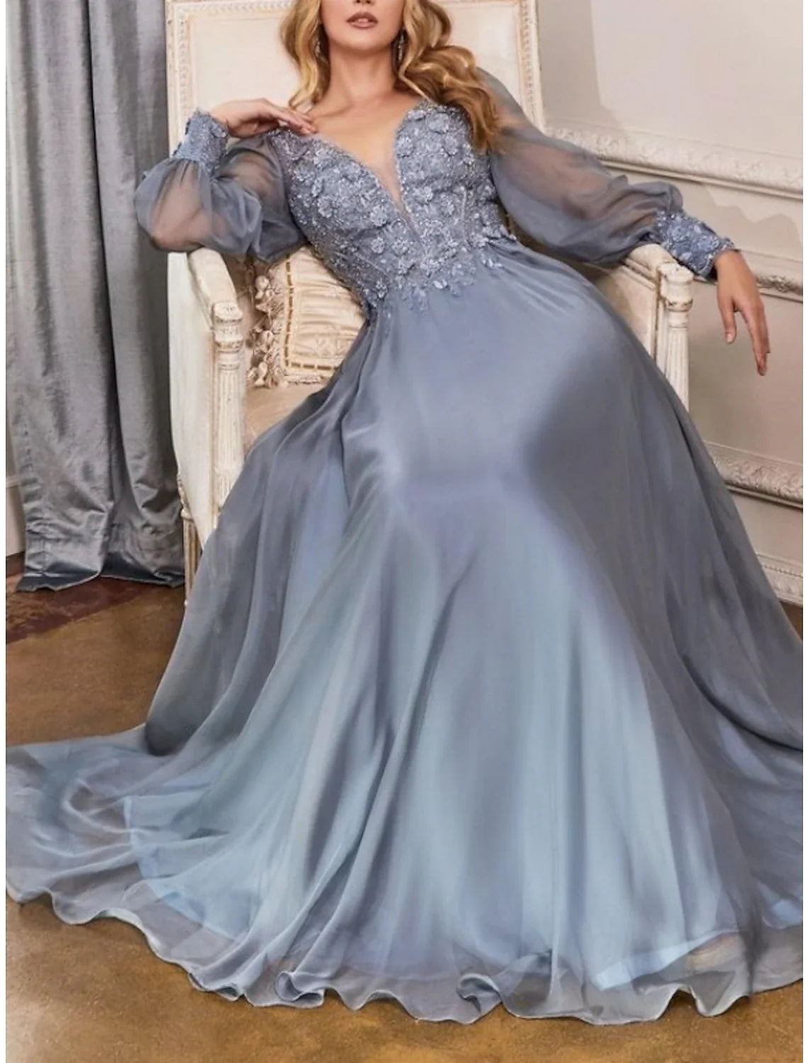 Sheath V-Neck Chiffon Long Sleeve Pleated Floor-Length Wedding Dress - Chloe Dress