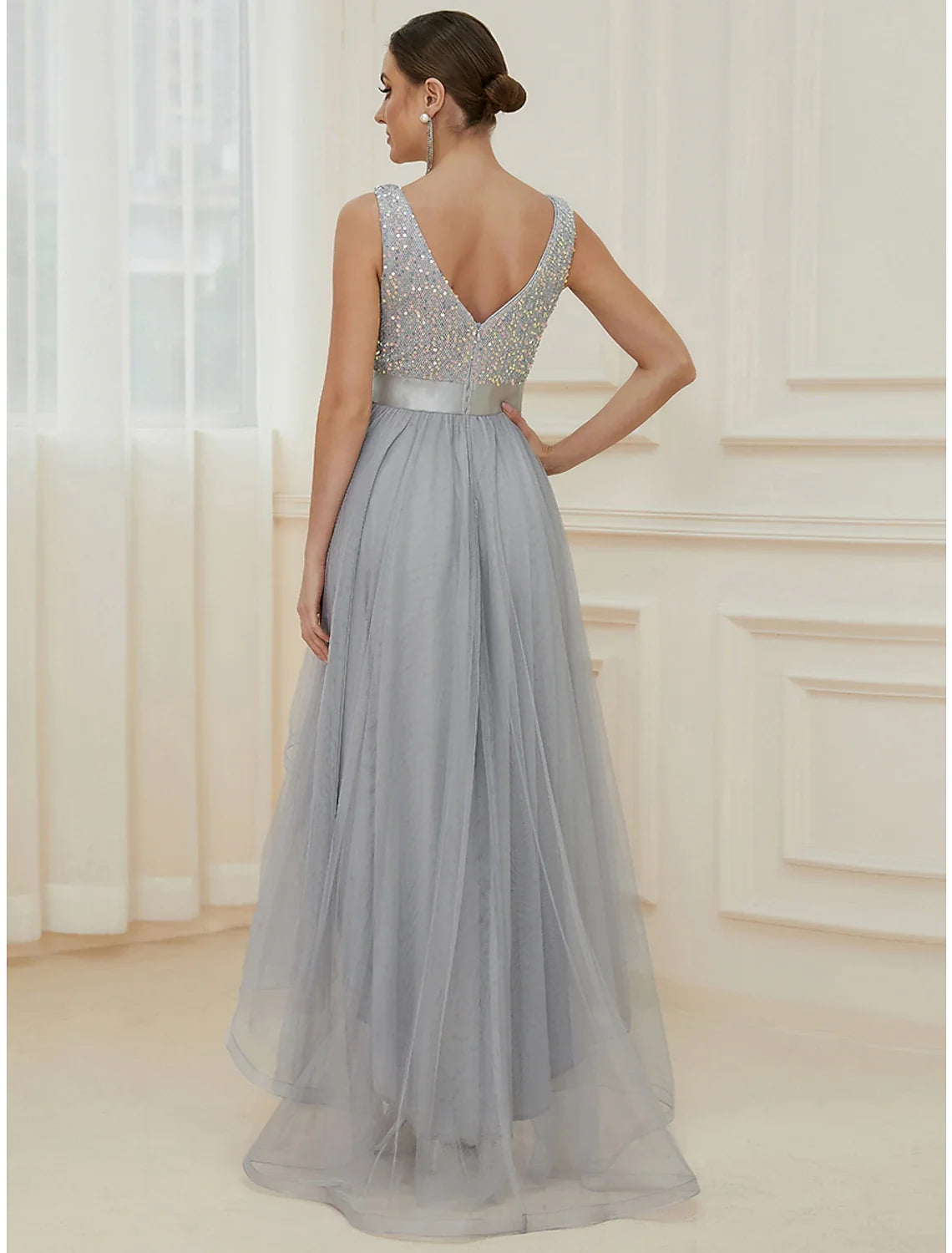 A-Line V-Neck Sequin Sleeveless Asymmetric Wedding Dress - Chloe Dress