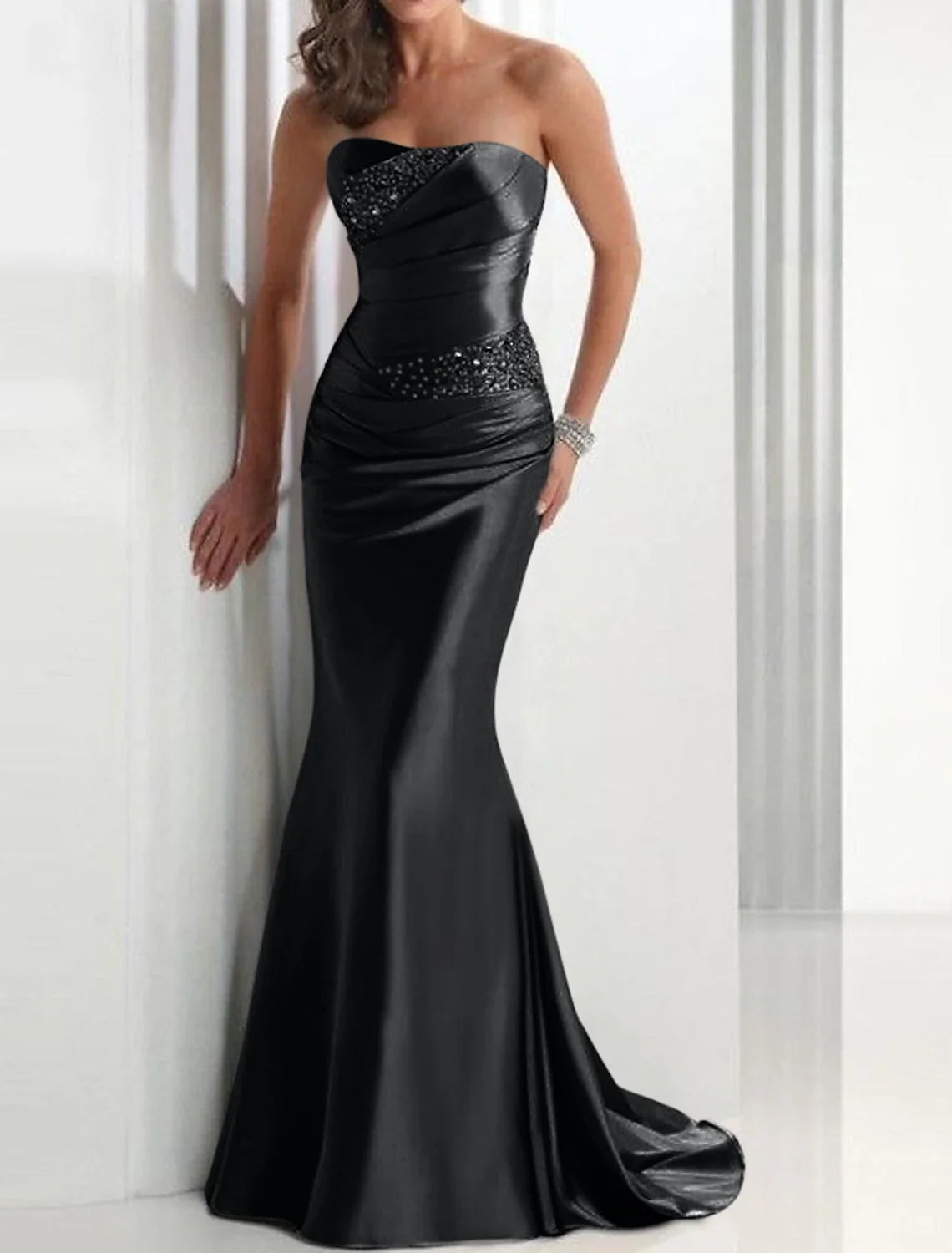 Green Mermaid Strapless Satin Sleeveless Train Evening Dress - Chloe Dress