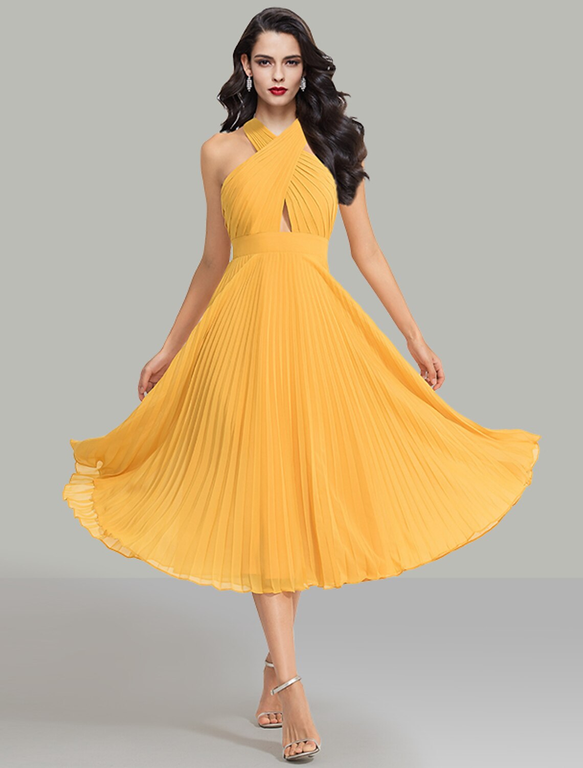 A-Line Halter Chiffon Sleeveless Tea-Length Wedding Dress - Chloe Dress