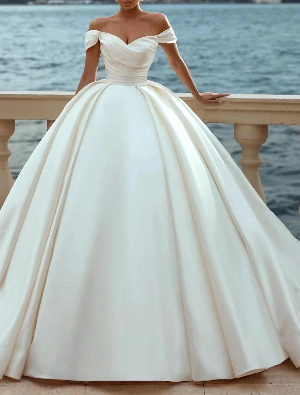 Ball Gown Off-Shoulder Satin Cap Sleeve Train Wedding Gown - Chloe Dress