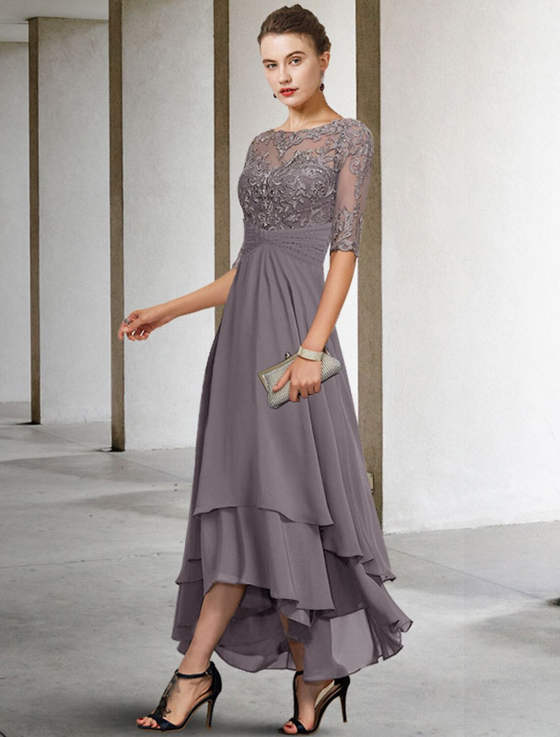 A-Line High Neck Chiffon Ruffled Ankle-Length Dress - Chloe Dress
