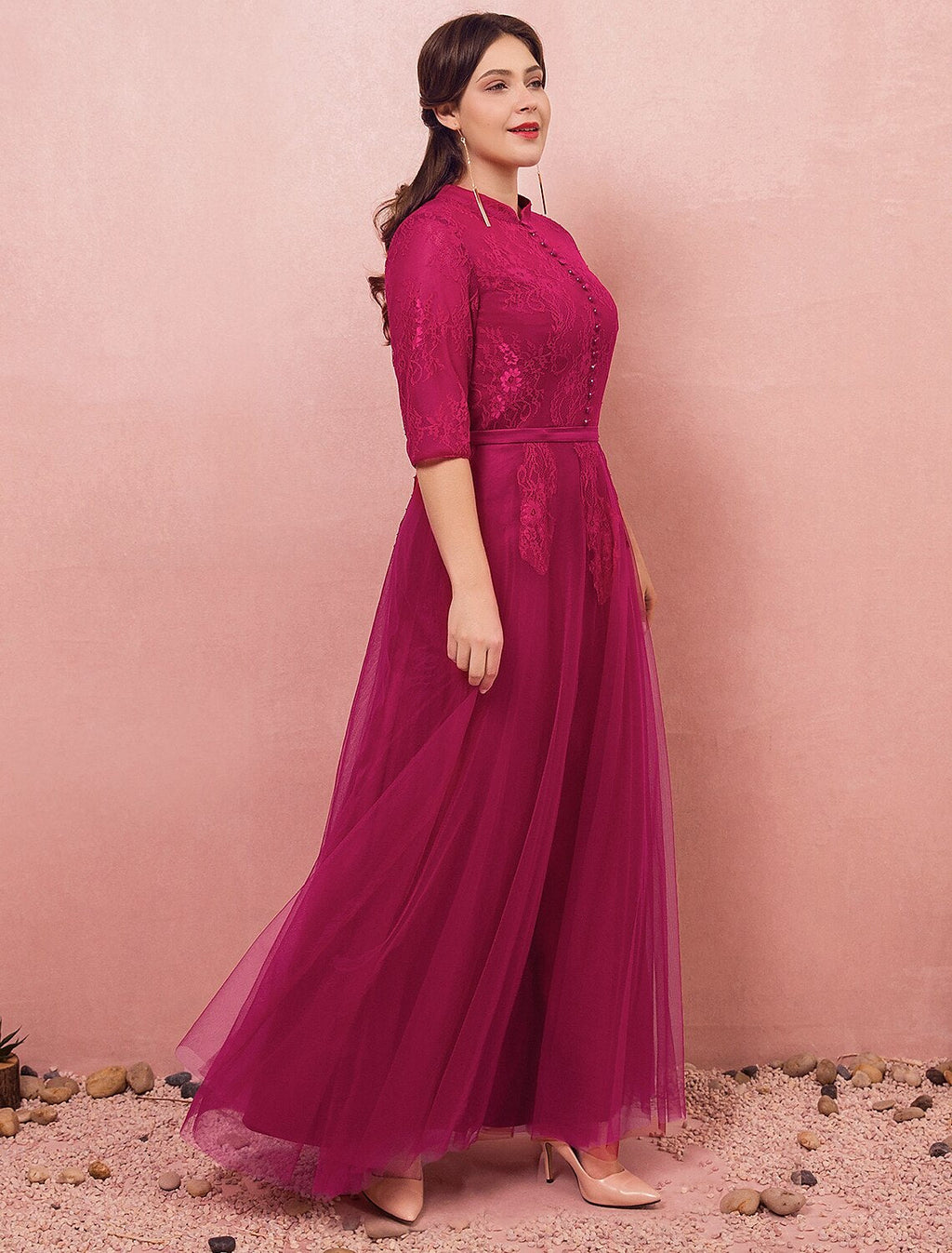 A-Line High Neck Lace Button Back Floor-Length Evening Dress - Chloe Dress