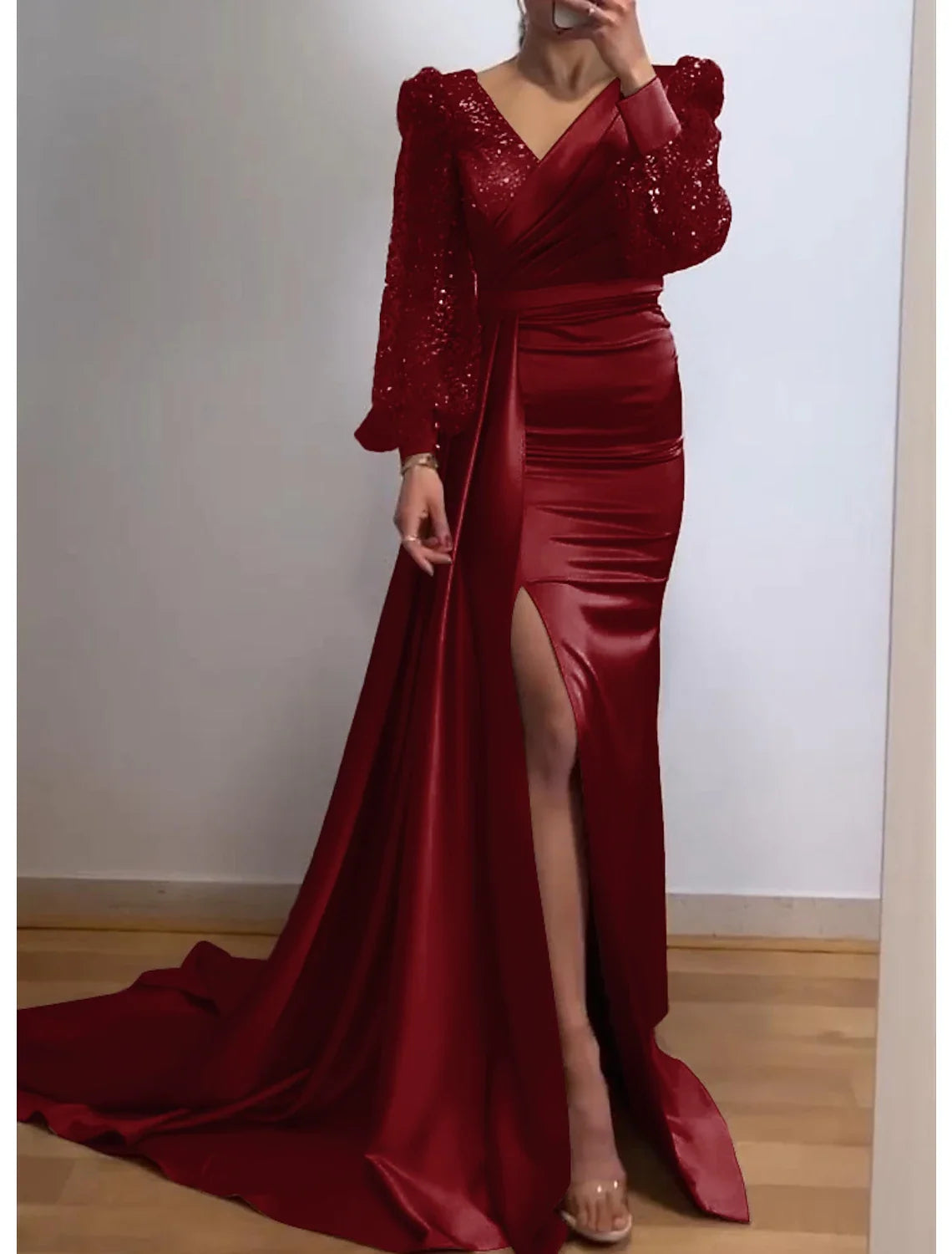Champagne Mermaid V-Neck Satin Long Sleeve Button Back Floor-Length Evening Gown - Chloe Dress