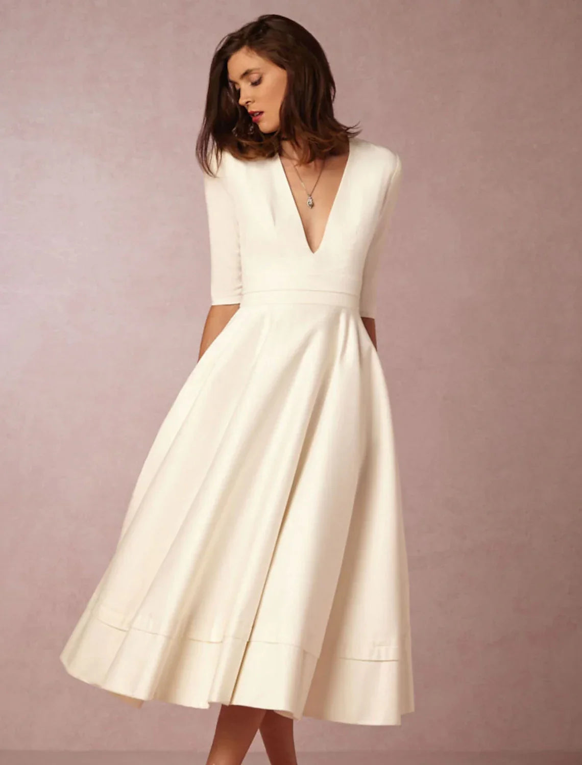 White A-Line V-Neck Jersey Pleated Tea-Length Wedding Dress - Chloe Dress