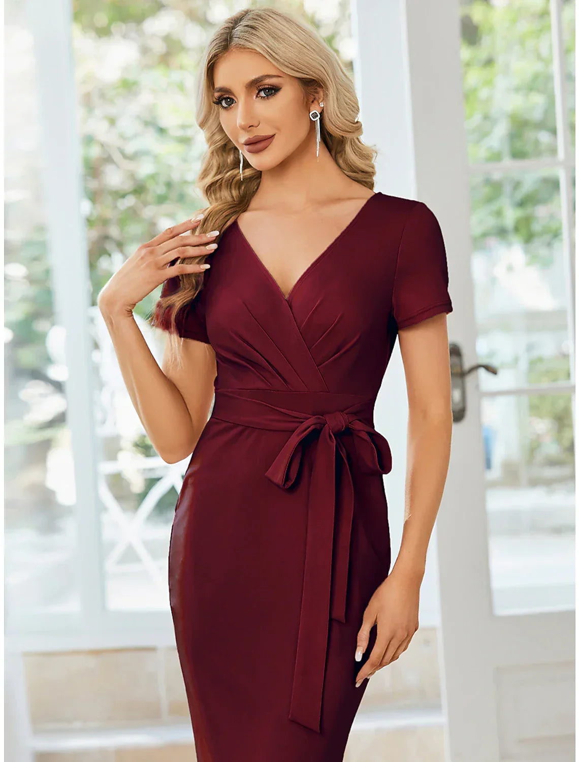 Sheath V-Neck Short Sleeve High Slit Mini Wedding Dress - Chloe Dress