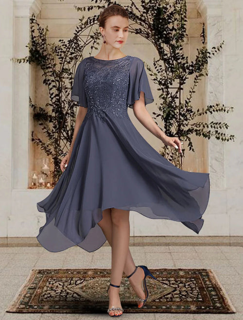 A-Line High Neck Chiffon Short Sleeve Asymmetric Mini Dress - Chloe Dress