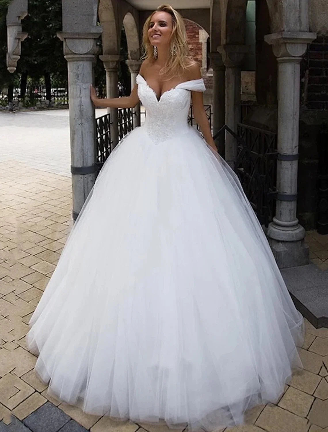 Ball Gown Off-Shoulder Tulle Cap Sleeve Train Wedding Gown - Chloe Dress