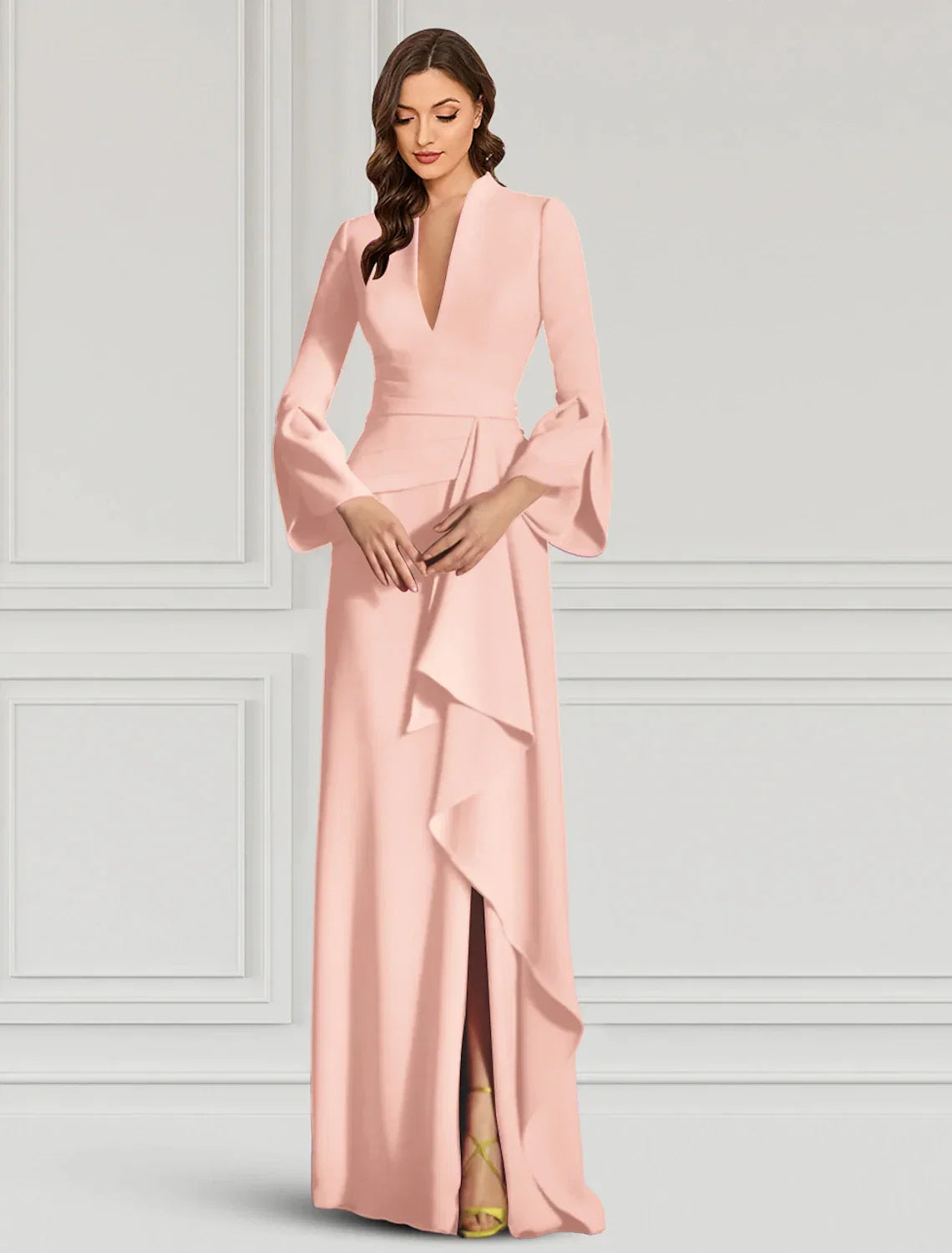 Black V-Neck Long Sleeve Ruffled Floor-Length Evening Gown - Chloe Dress