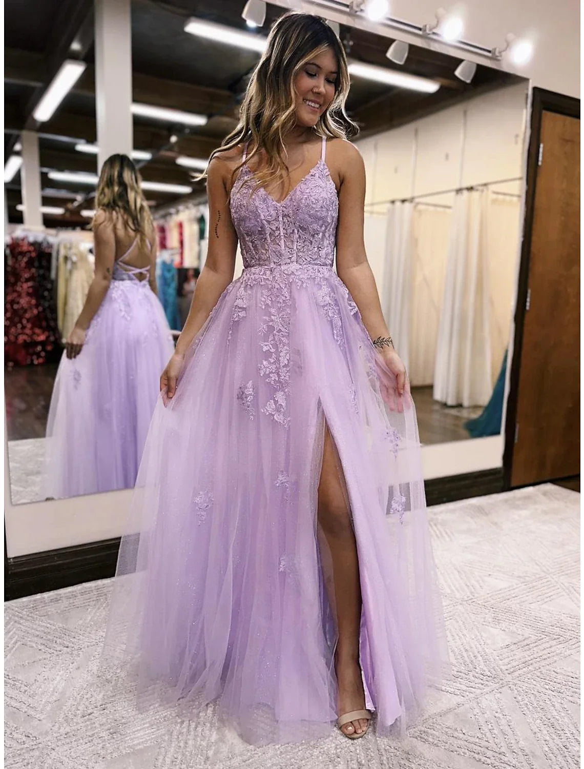 A-Line V-Neck Tulle Sleeveless Open Back High Slit Floor-Length Evening Gown - Chloe Dress