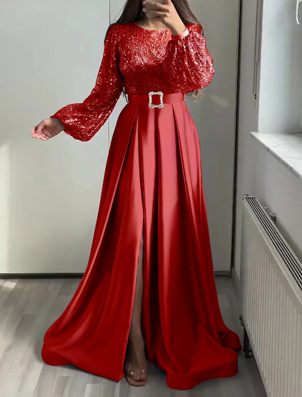 Black A-Line Satin Long Sleeve Floor-Length Evening Gown - Chloe Dress
