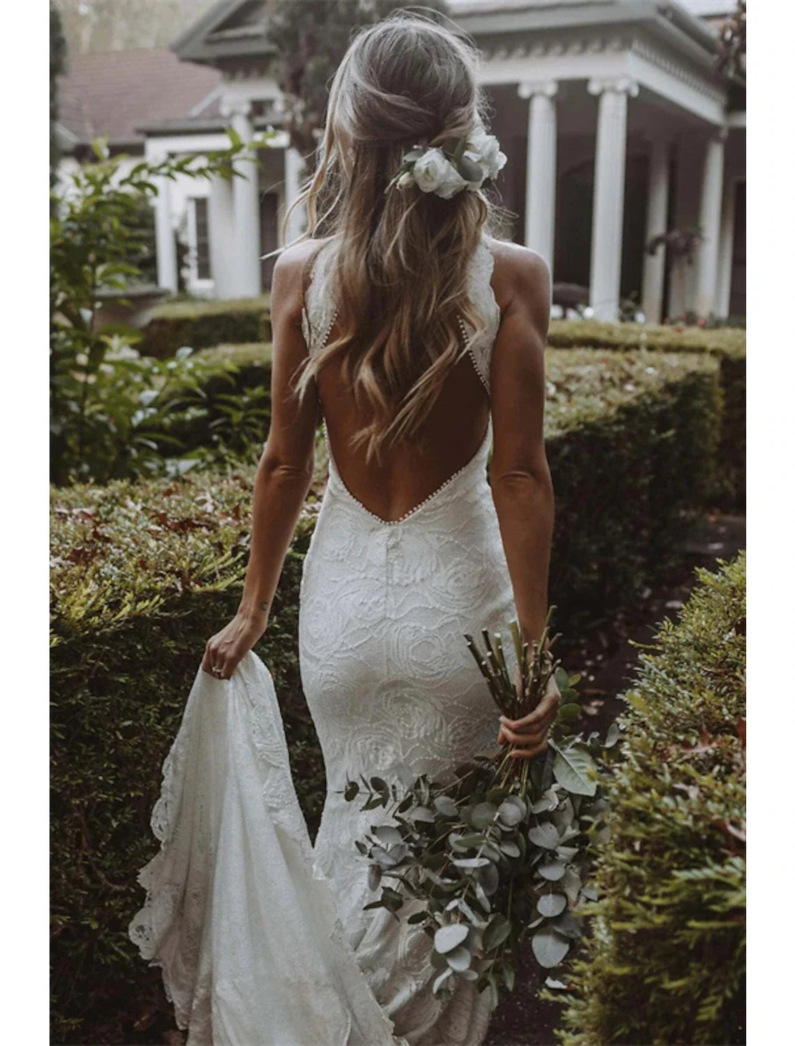 Mermaid Halter Lace Sleeveless Open Back Train Wedding Gown - Chloe Dress