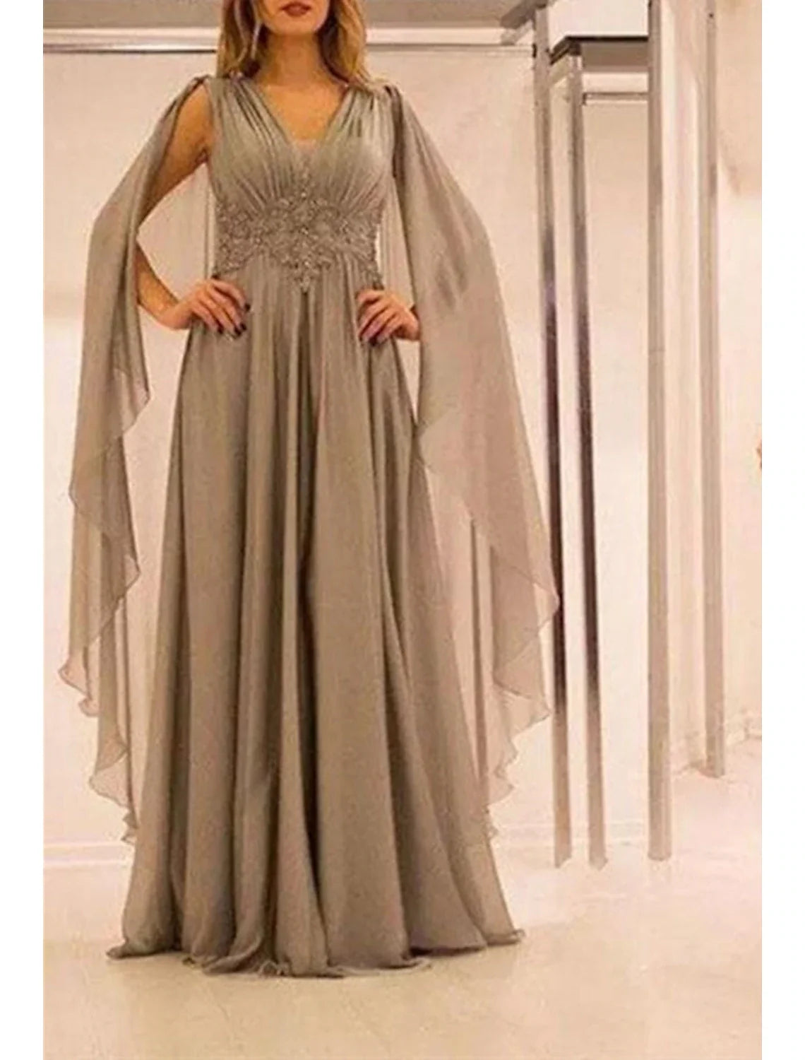 A-Line V-Neck Chiffon Short Sleeve Pleated Floor-Length Wedding Dress - Chloe Dress