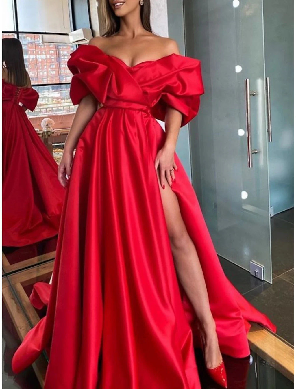 Black Sheath Off-Shoulder Satin High Slit Evening Gown - Chloe Dress